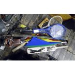 Various squash racquets, a Slazenger 600 cricket bat, a Pro-Spec hockey stick and a shooting stick