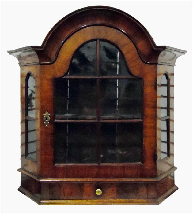 Late 18th century Dutch mahogany moulded dome-top hanging wall display cabinet with bar glazed door,