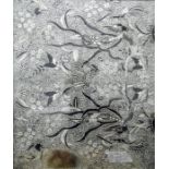 Old Batik black and white fabric panel with decoration of exotic birds and butterflies, on an