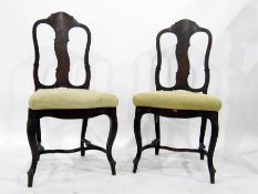 Pair of early 18th century style marquetry inlaid and lacquered dining chairs on cabriole shaped