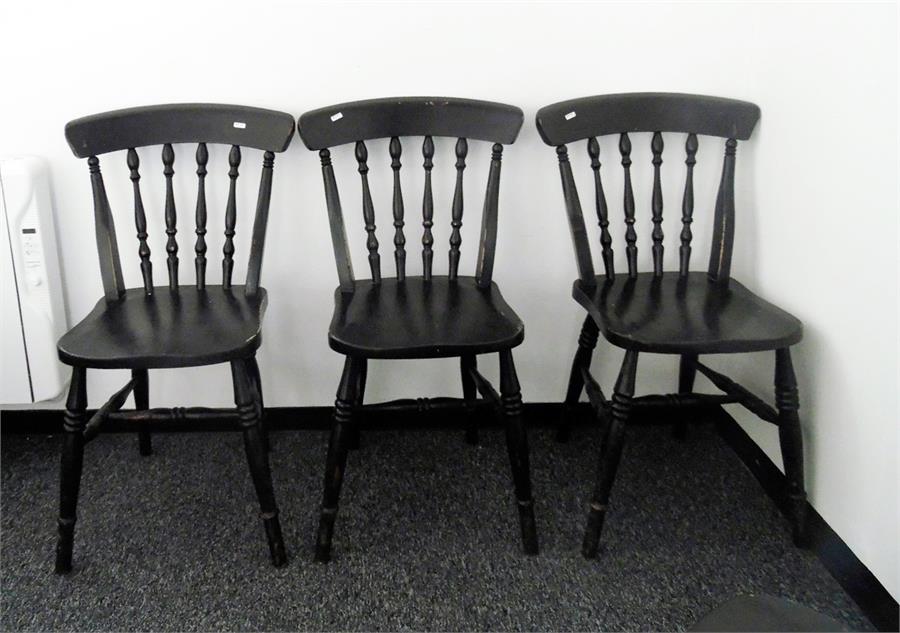 Set of six stained beech kitchen chairs with spindle backs, solid seats and turned legs (6)