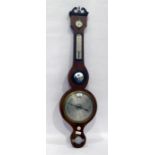 19th century mahogany wheel barometer with swan neck pediment over silver backed apertures, with