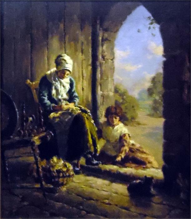 R Forsyth Oil on board Cottage interior, lady with spinning wheel and boy, signed lower left, 29cm