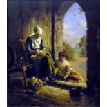 R Forsyth Oil on board Cottage interior, lady with spinning wheel and boy, signed lower left, 29cm
