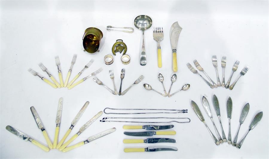 Silver plated fish knives and forks, large ladle, fish servers, set of bone-handled fruit knives and