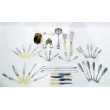 Silver plated fish knives and forks, large ladle, fish servers, set of bone-handled fruit knives and