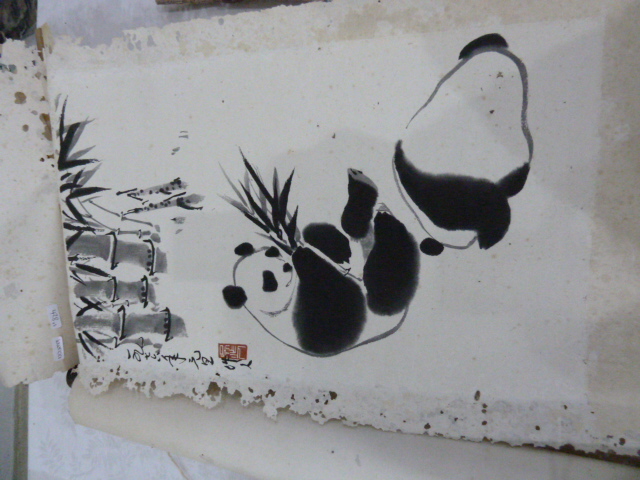 Set of three Japanese scroll watercolour wall hangings depicting a pandas, signed with - Image 2 of 4