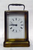 19th century brass carriage clock by Berrolla, Paris, brass moulded case, enamel dial, quarter