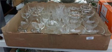 Quantity of assorted glassware including sundae dishes, sherry glasses, liqueurs, wine glasses,