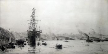 W L Wyllie Signed etching “HMS President at Blackfriars Bridge”, the ship flying flags and