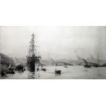 W L Wyllie Signed etching “HMS President at Blackfriars Bridge”, the ship flying flags and