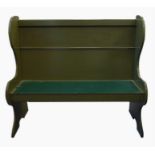 Green painted old settle with wing sides to solid seat, width 118cm