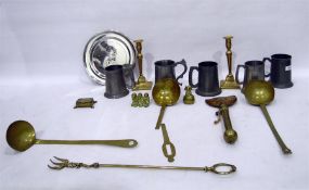 Quantity of pewter tankards, brassware, candlesticks, etc