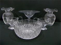 Pair of glass vases, a glass bowl, a pair of jugs