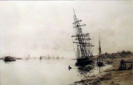 W L Wyllie Signed etching “On the Thames”, sailing galleons and beached other vessels in background,