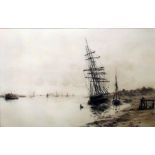 W L Wyllie Signed etching “On the Thames”, sailing galleons and beached other vessels in background,