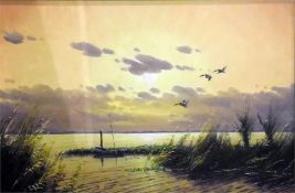 G V D Velde (20th century school) Oil on canvas  Ducks in flight at sunset, signed lower right, 59cm