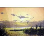 G V D Velde (20th century school) Oil on canvas  Ducks in flight at sunset, signed lower right, 59cm