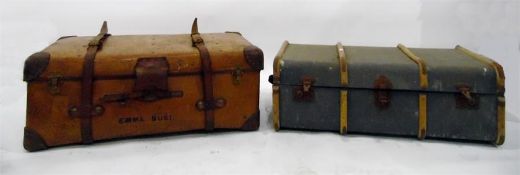 Vintage full leather trunk with a canvas and wood banded school trunk (2)