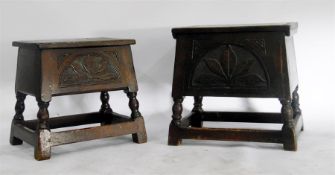 Carved oak box stool on turned supports and another, similar, 41cm (2)