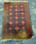 Middle Eastern wool rug with striped border, square pattern to centre, in red, orange and green,