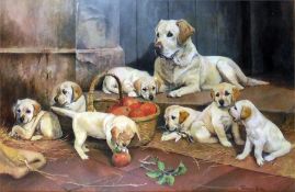 After Richard Britton  Colour print Golden labrador and puppies with basket of apples