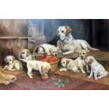 After Richard Britton  Colour print Golden labrador and puppies with basket of apples