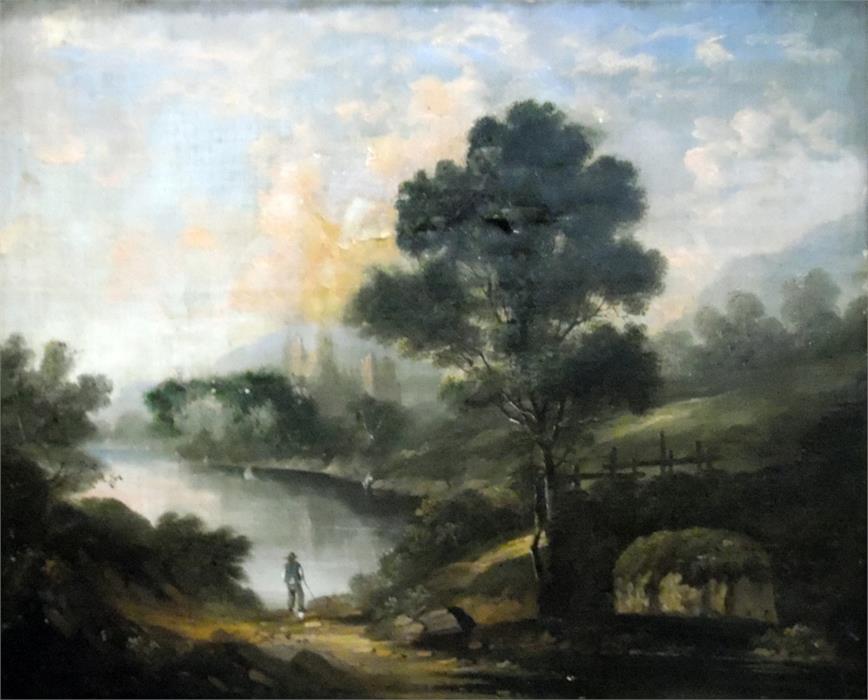 Unattributed (19th century school)  Pair oils on canvas  Figures fishing in a lake in a landscape - Image 2 of 2