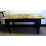 Gardener's rectangular-top old pine potting table on turned legs, length 122cm