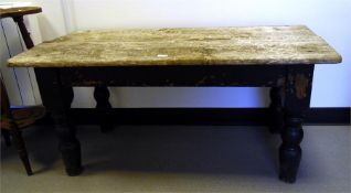 Gardener's rectangular-top old pine potting table on turned legs, length 122cm