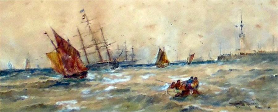 Thomas Bush Hardy (1842-1897) Pair of watercolours Rowing boat off harbour with ships out at sea and - Image 2 of 2