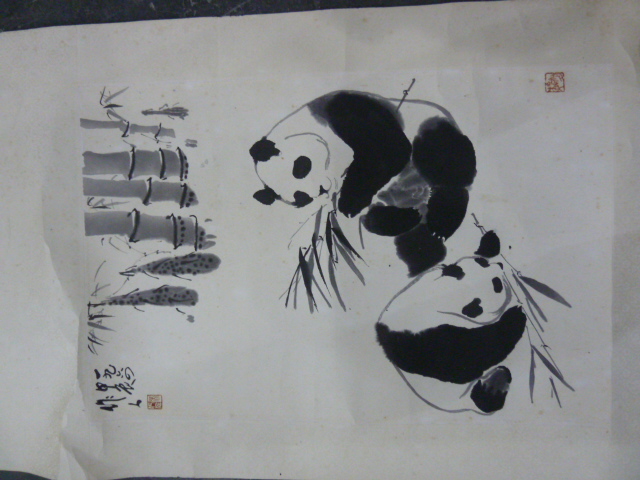 Set of three Japanese scroll watercolour wall hangings depicting a pandas, signed with - Image 3 of 4