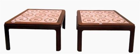 Rectangular tiled top coffee table, length 135cm and a pair of smaller matching tables (3)