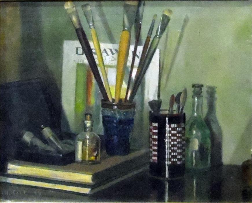 W Cole (20th century school) Oil on canvas  Still life study of paint brushes and oils, signed lower