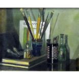 W Cole (20th century school) Oil on canvas  Still life study of paint brushes and oils, signed lower