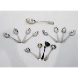 Two silver salt spoons, sundry silver flatware and eight Georgian teaspoons