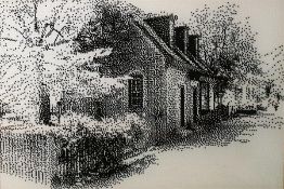 Black and white cross-stitch picture of a house and tree, framed, another cross-stitch picture of