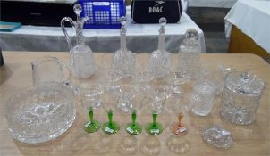 Six brandy balloons, assorted moulded glass including decanters, bowls, biscuit barrel, etc (1 box)