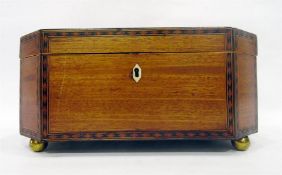 19th century inlaid mahogany sewing box of octagonal form, having parquetry inlay stringing and