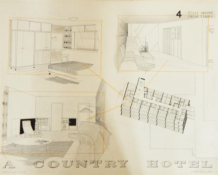 Quantity of loose prints in folios, to include "A Country Hotel", design plans dated December