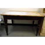 Victorian rectangular scrub-top kitchen table on turned legs, length 123cm