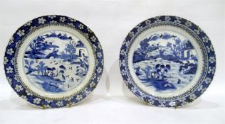 Pair of Chinese blue and white dishes, landscape decorated with bridge and river, in underglaze