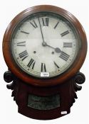 19th century mahogany drop-dial wall clock with painted metal dial, Roman numerals, eight-day gong