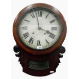 19th century mahogany drop-dial wall clock with painted metal dial, Roman numerals, eight-day gong