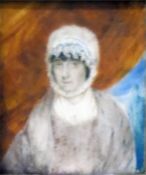 19th century school Watercolour on ivory  Half length portrait of a lady in a lace bonnet, 7.5cm x