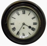 19th century mahogany cased circular wall clock with metal painted dial, brass bezel, 35cm diameter