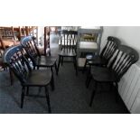 Set of five stained beech kitchen chairs with turned spindle backs, solid seats, on turned legs (5)