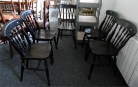 Set of five stained beech kitchen chairs with turned spindle backs, solid seats, on turned legs (5)