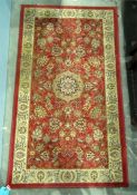 Modern wool runner, red ground with beige border and floral decoration, 140cm x 80.5cm