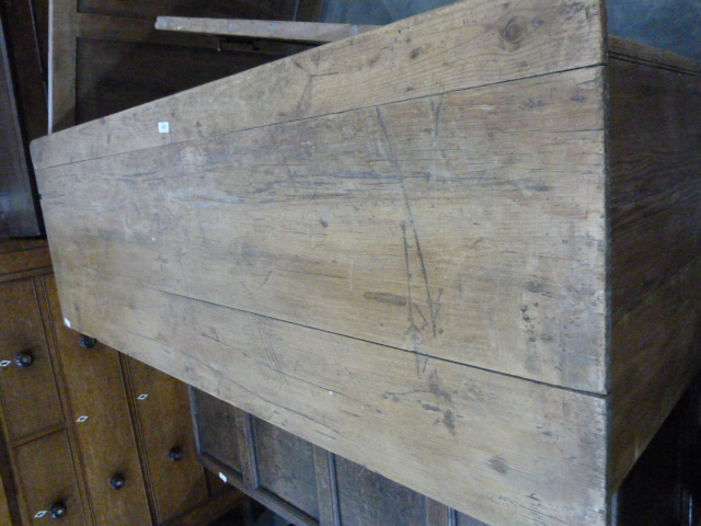 19th century dwarf pine kitchen cupboard enclosed by a pair of panelled doors, on plinth base, 152cm - Image 4 of 6